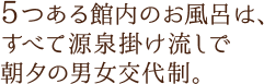 5つある館内のお風呂は、すべて源泉掛け流しで朝夕の男女交代制